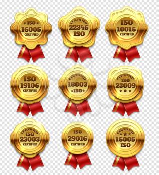 Golden certified rosettes, gold verify tokens and guarantee seals vector set. Guarantee golden label with ribbon, quality labels and badge illustration