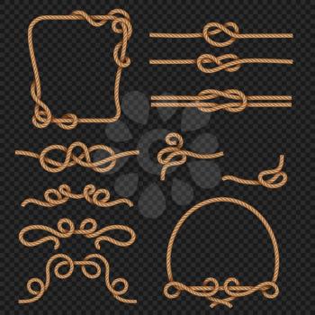 Rope border and frames with knots vector marine design elements. Rope and cord strong, illustration of vintage decoration marine rope