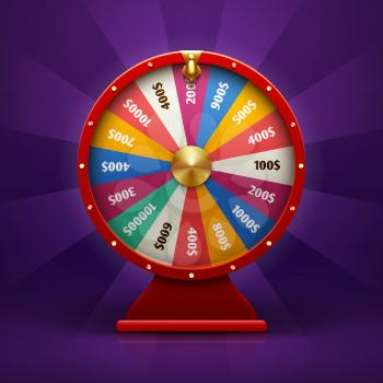 Realistic 3d spinning fortune wheel, lucky roulette vector illustration. Round wheel fortune, lucky gamble spin wheel game