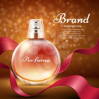 Aroma sweet perfume with red silk ribbon romantic gift vector background. Advertising banner perfume, illustration of bottle perfume