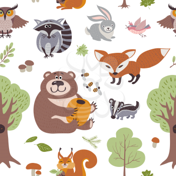 Forest summer plants and woodland animals vector seamless pattern. Forest animals backdrop, illustration of animal on background raccoon and hare