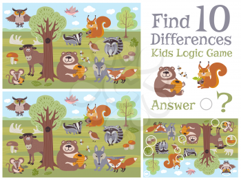 Find differences educational kids game with forest animal characters vector illustration. Children game template banner