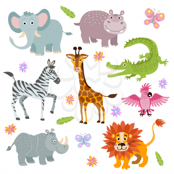 Cartoon cute african savanna animals vector set. Wild animal parrot and hippopotamus, illustration of alligator and giraffe cartoon animal