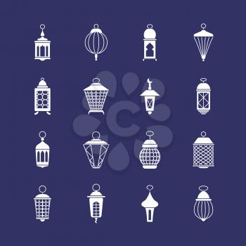 Antique arabic ramadan light lanterns muslim vector icons. Lantern ramadan white silhouette illustration