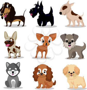 Cute happy dogs. Cartoon funny puppies vector characters collection. Set of breed dogs, illustration of friendly animal