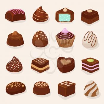 Cartoon chocolate desserts and candies vector set. Chocolate candy dessert, illustration of sweet chocolate cake