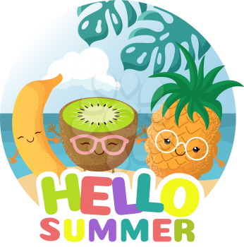 Summer beach party vector background with tropical funny cute smiling tropical fruits. Hello summer and holiday, character pineapple and kiwi illustration