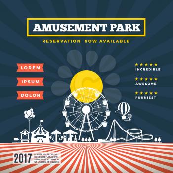 Vector amusement park theme background. Banner with carnival attraction, festival amusement park illustration