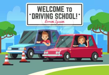 Driving school vector background with young happy driver in cars on road. Education driving car concept illustration
