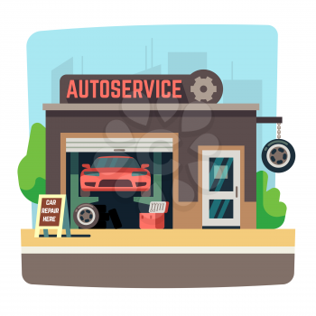 Car repair mechanic shop with automobile inside auto garage vector illustration. Auto service repair garage