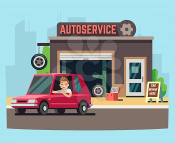 Car service station or repair garage with happy customer vector illustration. Service for repair car machine