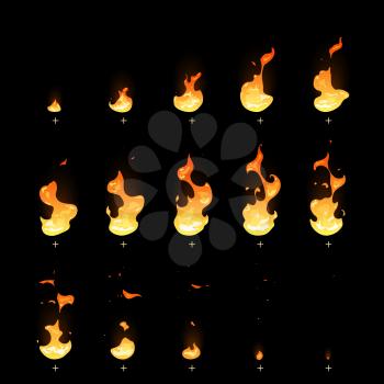 Ignition and fading fire trap animation sprite sheet cartoon vector set. Motion burning bonfire, illustration of move igniting fire