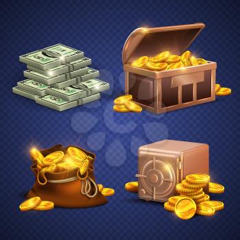 Casino vector 3d signs and money icons. Dollars, gold coins in safe deposit and moneybag. Golden heap coins in box, illustration of wooden chest with money