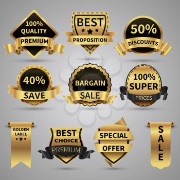 Luxury golden labels and elegant gold emblems vector collection. Badge sticker proposition premium illustration