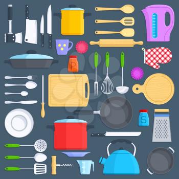 Kitchen tools, cookware and kitchenware flat icons set. Kitchenware cup and pot illustration