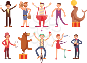 Circus artists cartoon characters vector set. Acrobat and strongman, magician, clown, trained animals. Fun performance juggler and funny performer illustration