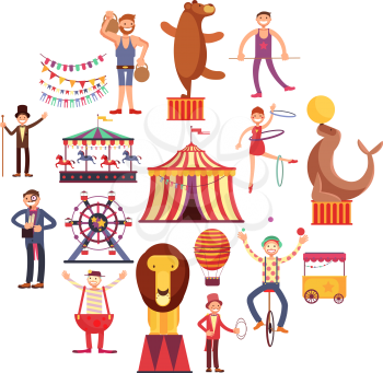 Circus carnival flat vector icons in circle design. Cartoon clown and acrobat performance in circus illustration