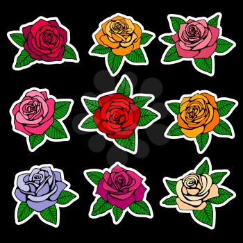 Roses fashion vector patches and stickers in nineties style design. Sticker design rose, illustration of fashion colored rose