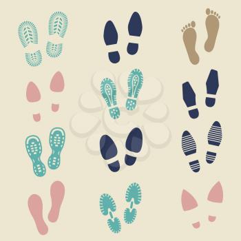 Colorful footprints - female, male and sport shoes footmarks. Rubber shoe sole print. Vector illustration