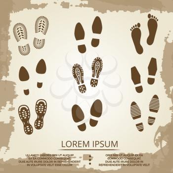 Vintage grunge footsteps poster design. Footprint step art, vector illustration