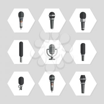 Microphones icons - flat microphones icons set. Collection of vintage retro microphone. Vector illustration