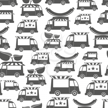 Food trucks with stars, green and sausage - food seamless pattern design. Vector illustration
