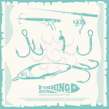 Poster with fishing accesories and equipment hook for sport fishing. Vector illustration