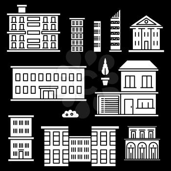 White houses icons on black backgrond. Set of building construction. Vector illustration