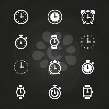 Clock and time icons set on blackboard. White clock collection, vector illustration