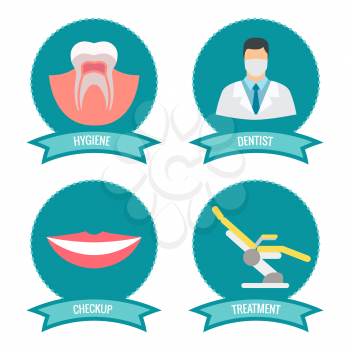 Dental icons with doctor, smile, teeth and medicinal chair. Implant tooth symbol, vector illustration