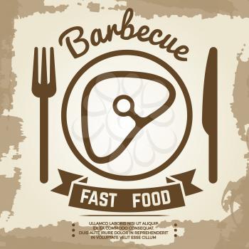 Vintage poster with babecue label with meat, fork, knife and lettering sign. Banner barbecue vector illustration
