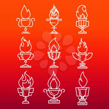 Goblet of fire line icons set - trophy cup with fire flame. Vector illustration