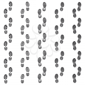 Sport shoe footprints walking away with copy space vector illustration. Shoe and boot track, footprint black silhouette