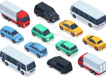 Isometric vehicles and cars for 3d city traffic map. Vector urban transport set. Transport car isometric, auto car 3d style illustration