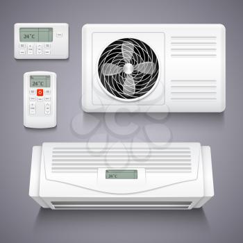 Air conditioner isolated realistic vector illustration. Temperature air conditioner for home, electronic power equipment for climate control