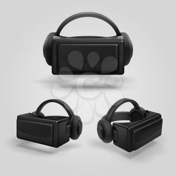 Headset and stereoscopic virtual reality goggles. Realistic vr glasses and headphones vector illustration. Cyber mask glass for game in vr