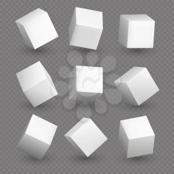 Cube 3d models in perspective. Realistic white blank cubes with shadows isolated. Model shape 3d structure box illustration