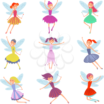 Cartoon flying fairies in colorful dresses vector set. Cute fairy elf with winds vector collection. Fantasy fairy girl with wings illustration