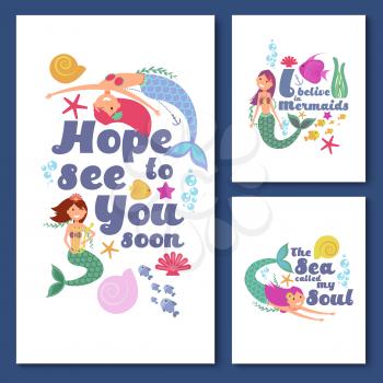Cute kids nautical vector cards. Marine childrens invitations with funny mermaid girls. Kids banner with colored mermaids illustration