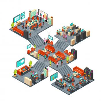 Isometric business offices with staff. 3d businessmen networking in office interior. Isometric room office with people, business interior with staff worker illustration