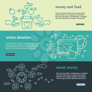Charity, family help, donate life, nonprofit organization, humanitarian vector banners set. Donation money and food, charity and online donation illustration