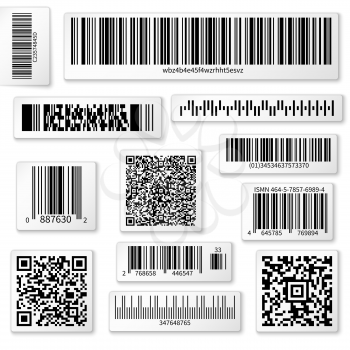 Packaging labels, bar and QR codes on white vector stickers. Code qr for identification product in shop, scan data with using bar code illustration