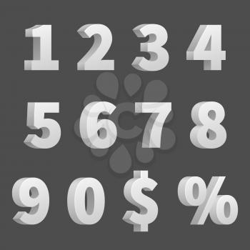 Vector 3D numbers and symbols. Three-dimensional numbers and finance signs, illustration of order numbers figure