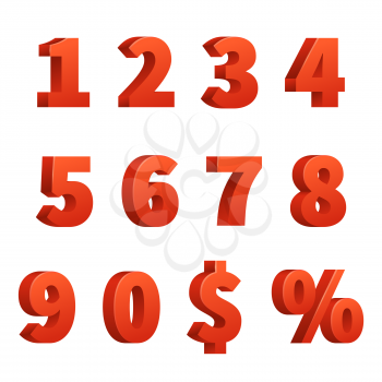 Red 3d numbers vector signs. Red figure numbers, illustration of order number and symbol dollar and percentage