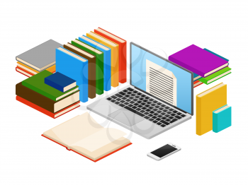 Online education, web e-book shop, library vector isometric concept. Electronic online library, literature in digital library illustration