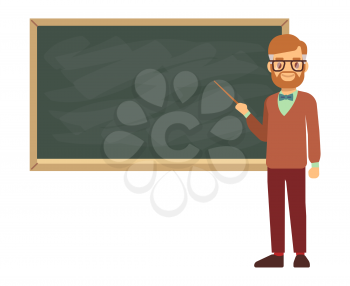 Teacher, professor standing in front of blank school blackboard vector illustration. School teacher in glasses, male teacher near blackboard