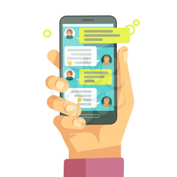 Chatting with chatbot on phone, online conversation with texting message vector concept. Messaging using phone, illustration of screen with messaging