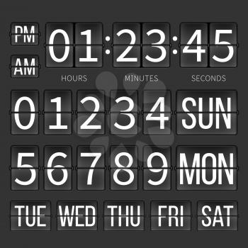 Airport timer counter, digital clock, flip calendar. Mechanical counter time board, illustration of airport clock