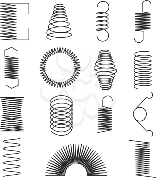 Metal spring icons. Flexible spiral lines, steel wire coils isolated vector symbols. Flexible coil and spring, spiral of part line illustration