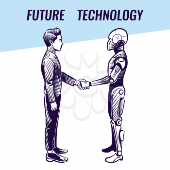 Artificial intelligence concept. Human and robot handshaking. Futuristic ai advanced technology vector background. Robot and human handshake cooperation, characters handshaking illustration
